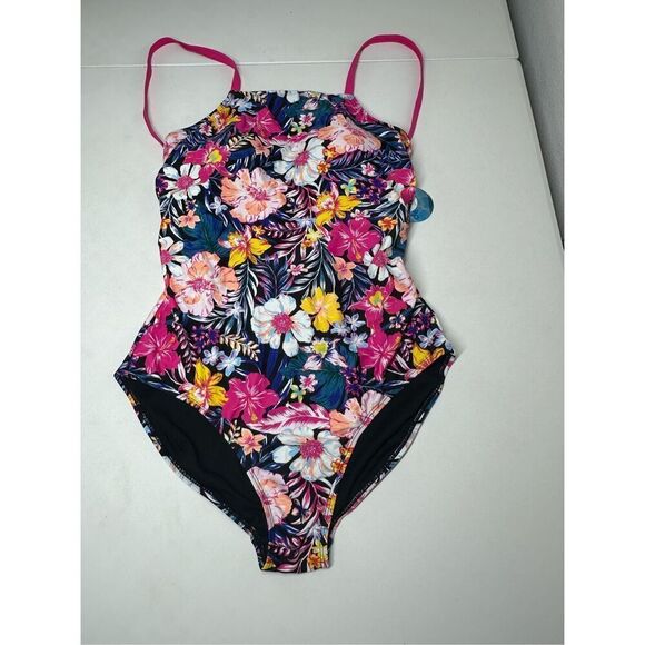 NWT Decree One Piece Swimsuit Medium Coverage Removable Cups Floral Black Pink 0 - Picture 1 of 11